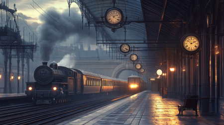 Classic European train platform with iron canopies, hanging clocks, and a steam train arriving at duskの素材