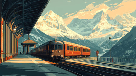 Retro-style travel poster art depicting a classic train pulling into a grand old platform surrounded by mountainsの素材