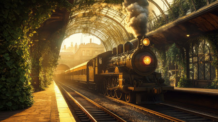 Rustic train station with ivy-covered platform and an approaching steam train, bathed in golden hour lightの素材