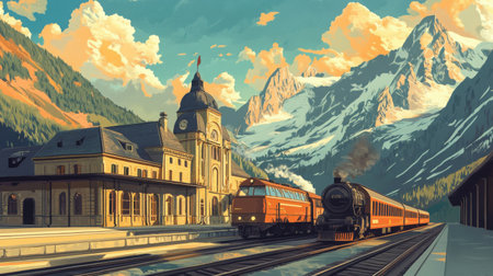 Retro-style travel poster art depicting a classic train pulling into a grand old platform surrounded by mountainsの素材