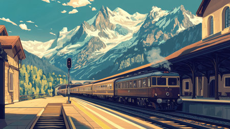 Retro-style travel poster art depicting a classic train pulling into a grand old platform surrounded by mountainsの素材