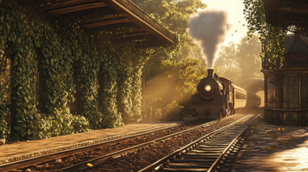 Rustic train station with ivy-covered platform and an approaching steam train, bathed in golden hour lightの素材