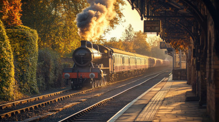 Rustic train station with ivy-covered platform and an approaching steam train, bathed in golden hour lightの素材