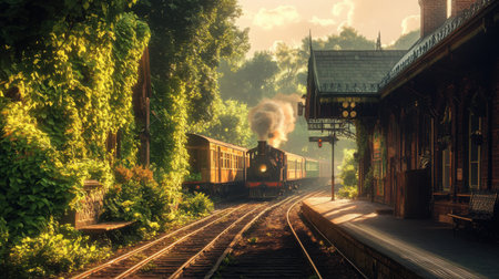 Rustic train station with ivy-covered platform and an approaching steam train, bathed in golden hour lightの素材