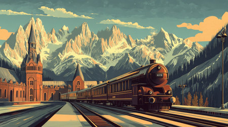 Retro-style travel poster art depicting a classic train pulling into a grand old platform surrounded by mountainsの素材