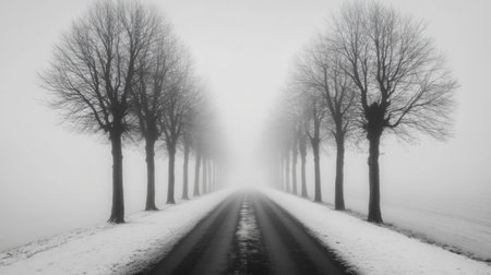 An empty frozen road lined with snow-covered trees, stretching into the foggy, icy distanceの素材