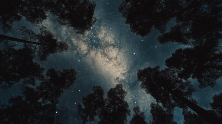 Galactic core of the Milky Way captured in stunning detail, framed by silhouettes of tall pine treesの素材