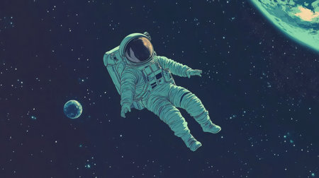 Astronaut floating in space surrounded by stars, the Earth in the distance and infinite sky beyondの素材