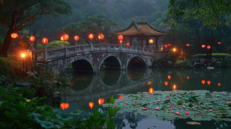 Imaginative garden of stone bridges, red lanterns, and lotus ponds bathed in mystical twilightの素材