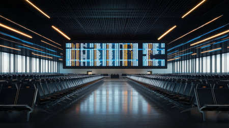 Empty departure hall with rows of seats and a large digital flight board showing destinationsの素材