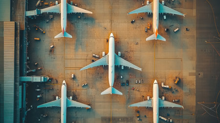Aerial view of multiple airplanes parked at an empty airport terminal with no people in sightの素材