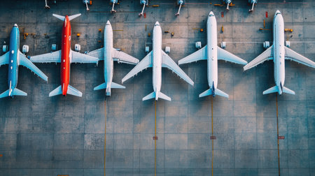 Aerial view of multiple airplanes parked at an empty airport terminal with no people in sightの素材