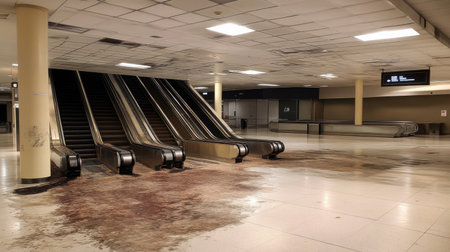 Deserted baggage claim area with unclaimed luggage conveyor belts and still escalatorsの素材
