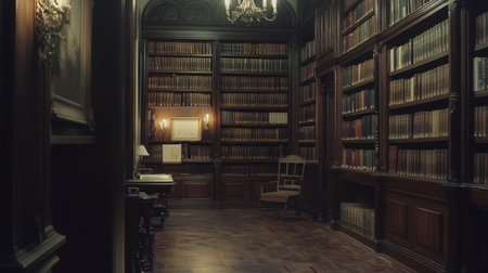 Wide view of a vintage study room with rows of bookshelves and elegant dark wood finishの素材