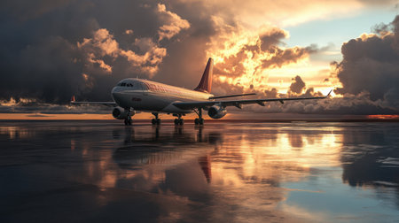 A single airplane parked on a wet runway after rain, surrounded by reflections and dramatic cloudsの素材