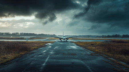 Abandoned-looking small airport with a single propeller plane on the airstrip under a moody skyの素材
