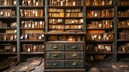 Old card catalog cabinet beneath towering shelves of dusty books in a classic library settingの素材