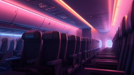 Empty airplane cabin with clean rows of seats and overhead bins closed, lit by soft ambient lightingの素材