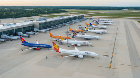 Aerial view of multiple airplanes parked at an empty airport terminal with no people in sightの素材
