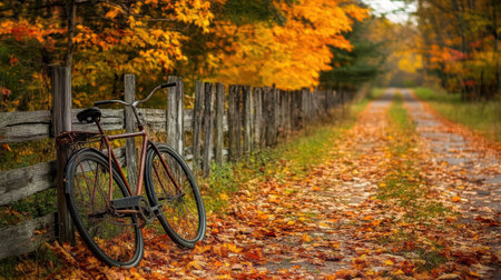 Old-fashioned bike parked beside a weathered wooden fence, surrounded by fallen autumn leavesの素材