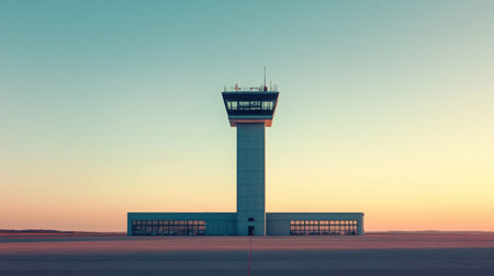 A modern control tower viewed from a distance with no human activity, clear sky in the backgroundの素材