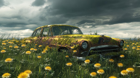 A mossy old car nestled in a patch of dandelions under a cloudy skyの素材