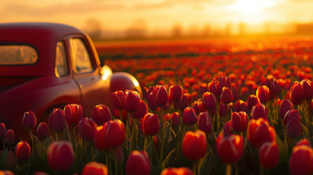 Retro vehicle half-hidden behind a field of blooming tulips under soft golden hour lightの素材