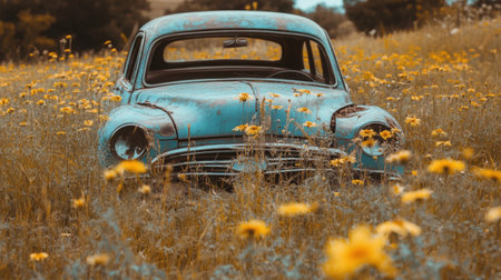 Classic car abandoned in a field of tall grass and yellow daisies, nature slowly taking overの素材