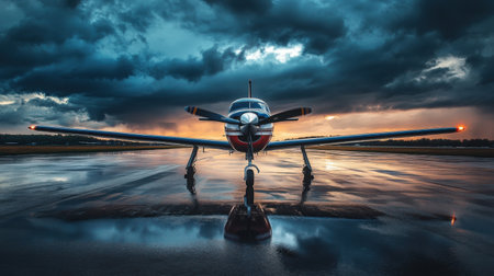 A single airplane parked on a wet runway after rain, surrounded by reflections and dramatic cloudsの素材