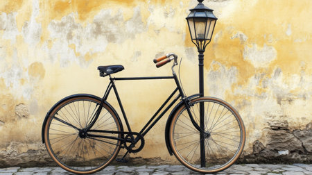 Classic black bicycle resting under an old streetlamp with a nostalgic early 1900s aestheticの素材