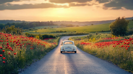 A long, empty road with a retro car parked near a patch of wild poppies in soft afternoon lightの素材