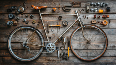 Top-down view of a dusty vintage bicycle frame laid out on a wooden floor, parts disassembledの素材
