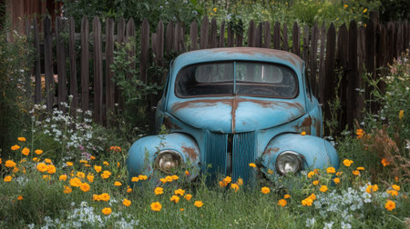 Faded blue car resting beside an old fence, surrounded by marigolds and cloverの素材