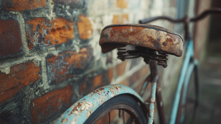Rusty ancient bicycle leaning against a brick wall, worn paint and leather seat showing its ageの素材