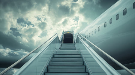 Jet bridge extending to an airplane door with no people around, under cloudy afternoon skiesの素材