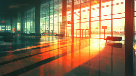 Early morning light streaming through huge airport windows, casting shadows across an empty terminalの素材