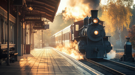 A vintage steam locomotive arriving at an old countryside train station platform, surrounded by mist and soft morning lightの素材