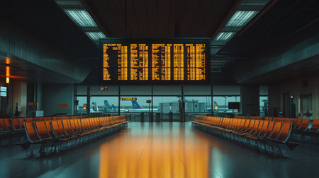 Empty departure hall with rows of seats and a large digital flight board showing destinationsの素材