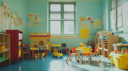 A quiet kindergarten classroom with colorful toys, tiny chairs, and artwork on the walls, no children presentの素材