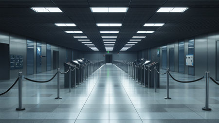 Clean and empty security checkpoint with roped lanes and metal detectors, all lights onの素材