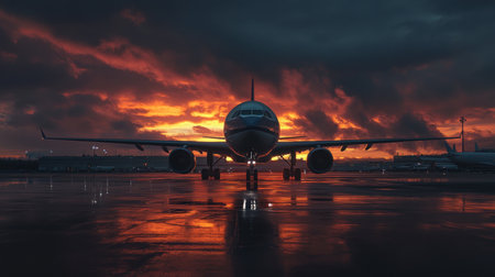 parked commercial airplane at the gate under a dramatic sunset sky at an empty airport tarmacの素材