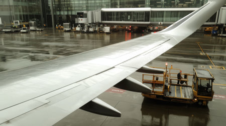 Shot of an airplane wing from the terminal window, with no passengers or ground crew visibleの素材