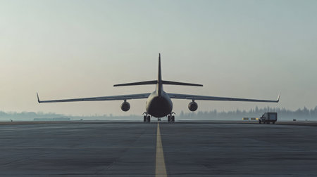 Rear view of a large commercial airplane parked on an isolated runway, no vehicles or personnel nearbyの素材