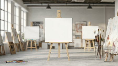 Clean and tidy art room with blank canvases, paintbrushes in jars, and no students aroundの素材