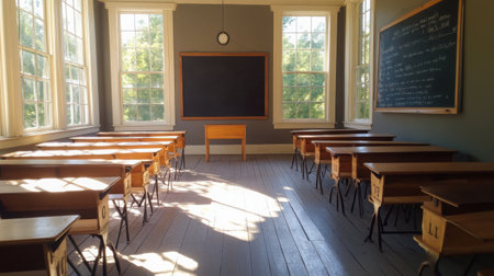 Empty classroom with rows of wooden desks and a chalkboard, sunlight streaming through tall windowsの素材