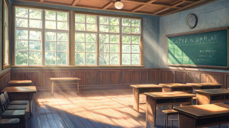 Empty classroom with rows of wooden desks and a chalkboard, sunlight streaming through tall windowsの素材