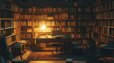 Cozy homeschool-style classroom with bookshelves, soft lighting, and an empty teacher chairの素材