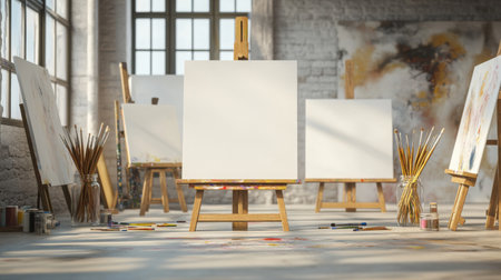 Clean and tidy art room with blank canvases, paintbrushes in jars, and no students aroundの素材