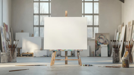 Clean and tidy art room with blank canvases, paintbrushes in jars, and no students aroundの素材