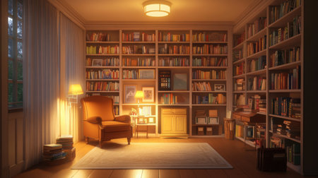 Cozy homeschool-style classroom with bookshelves, soft lighting, and an empty teacher chairの素材